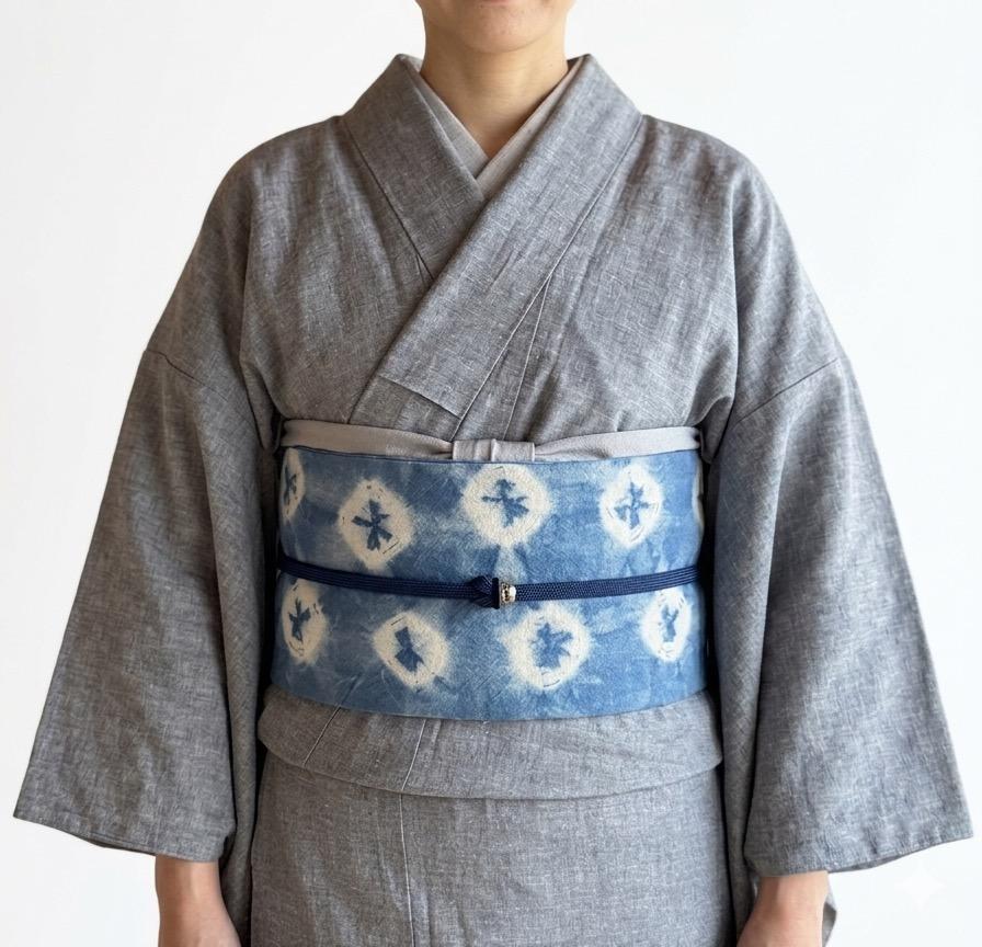 310号 半幅帯 綿 本藍染絞り タイの手づくり染織 × 阿波しじら織 ネイビー スクエアドット リバーシブル 一点限り | 5枚目
