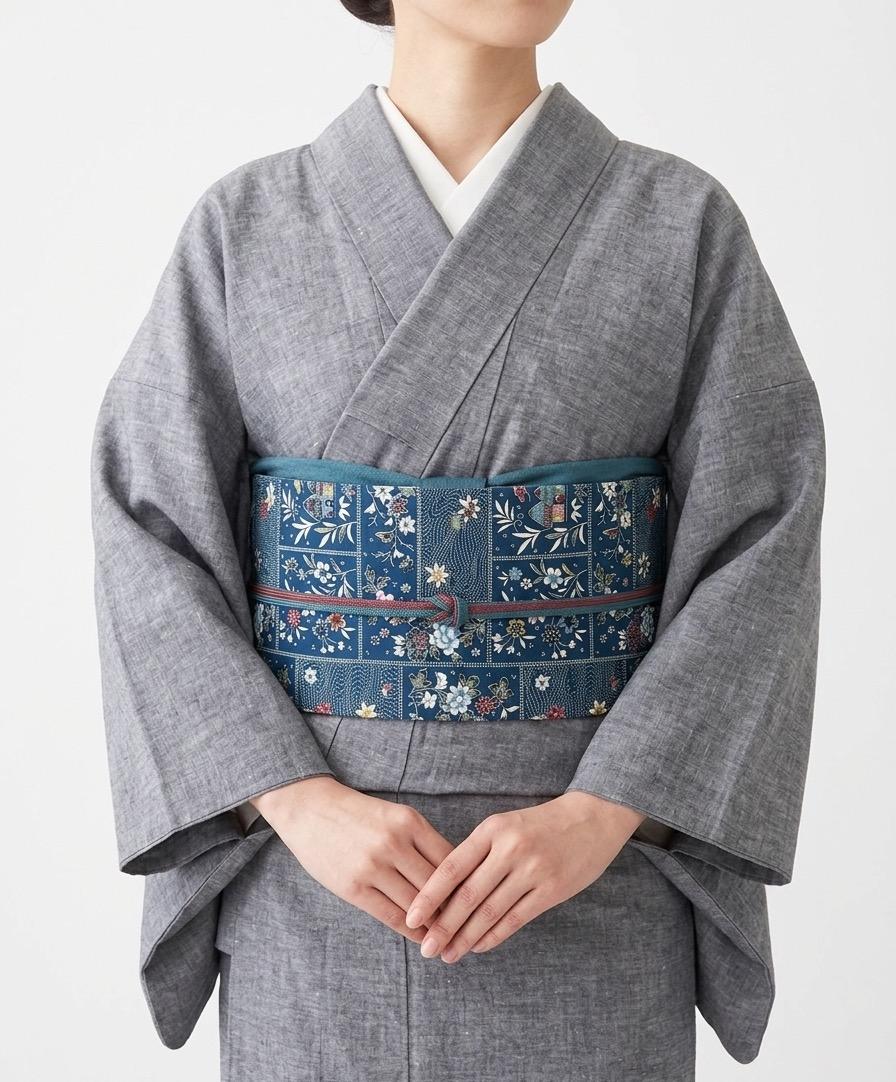 317号 半幅帯 結城紬 紺 花柄 × アイボリー ライン紬 正絹 リバーシブル アイボリー紬は最後の一点 | 5枚目