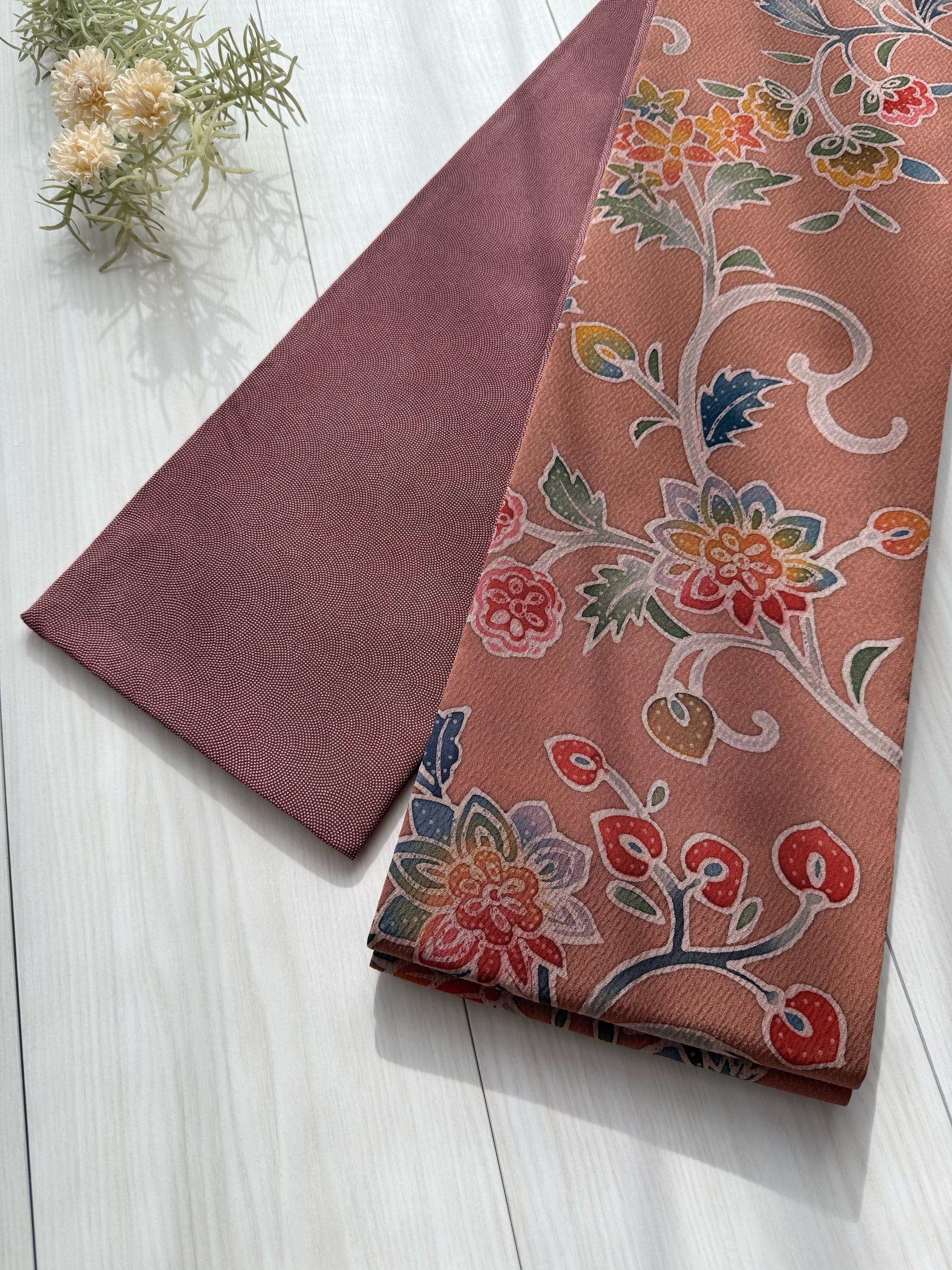 277号 半幅帯 手描き染め小紋 茶系×鮫小紋 渋紫 正絹 リバーシブル ⭐︎1点〜6点の限定商品です⭐︎