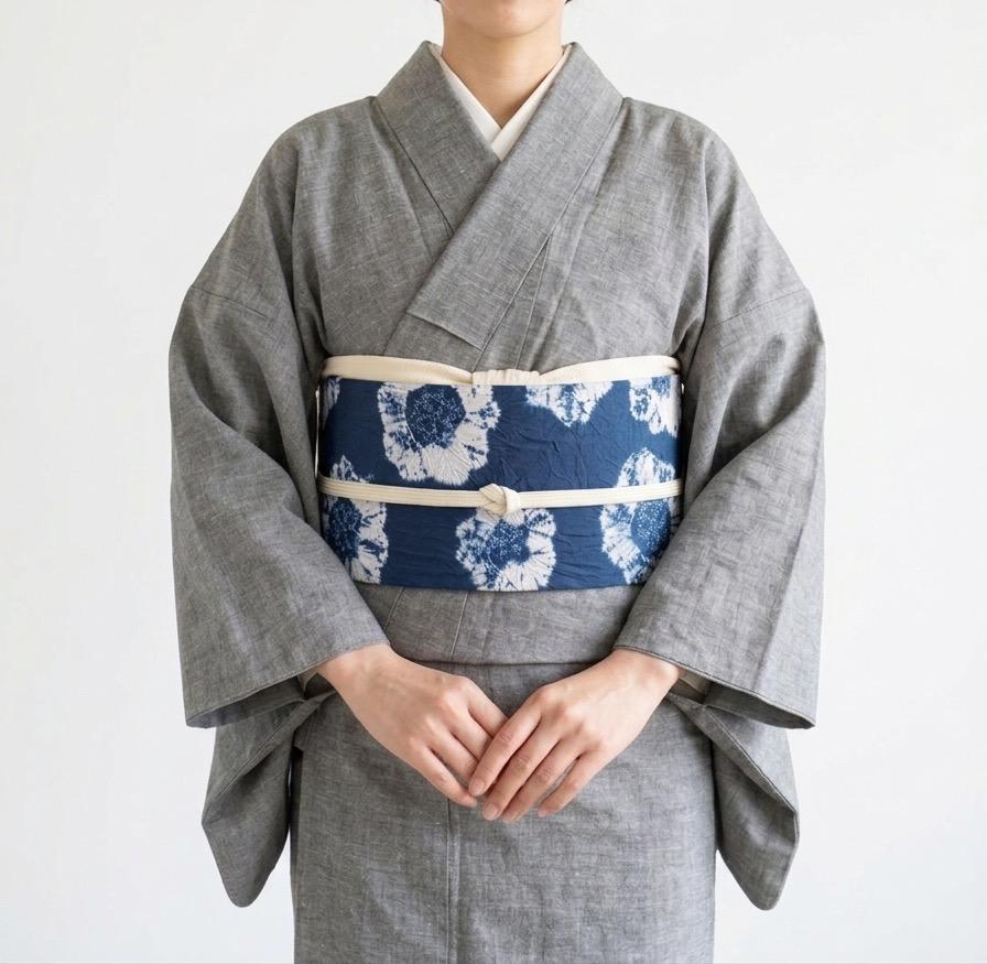 最後の一点!320号 半幅帯 有松鳴海絞り 紺 × 阿波しじら織 スクエアドット 濃紺 綿100% リバーシブル | 5枚目